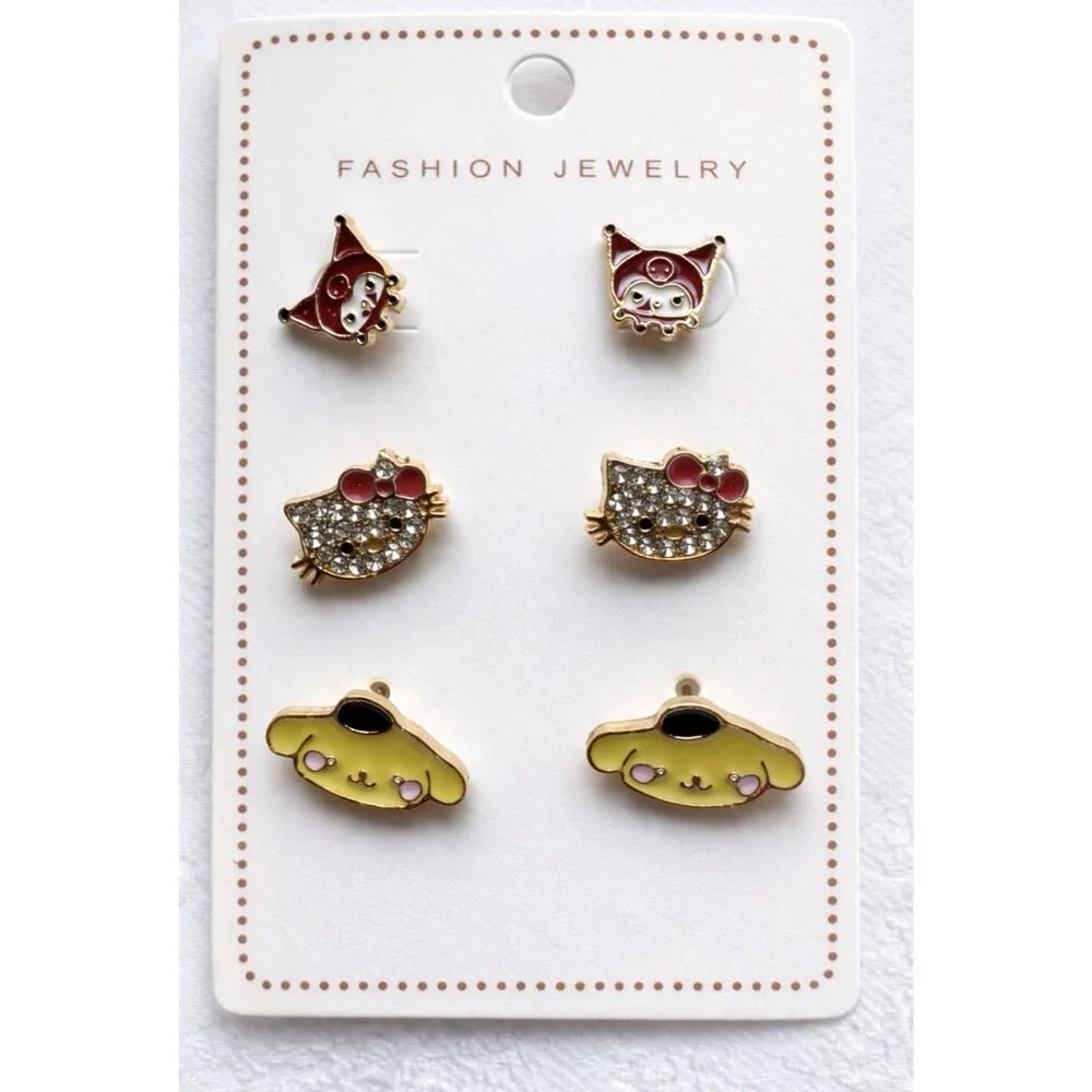 HELLO KITTY Karomi 6 PC Set Gold-Tone Rhinestone Stud Earrings Colorful NEW